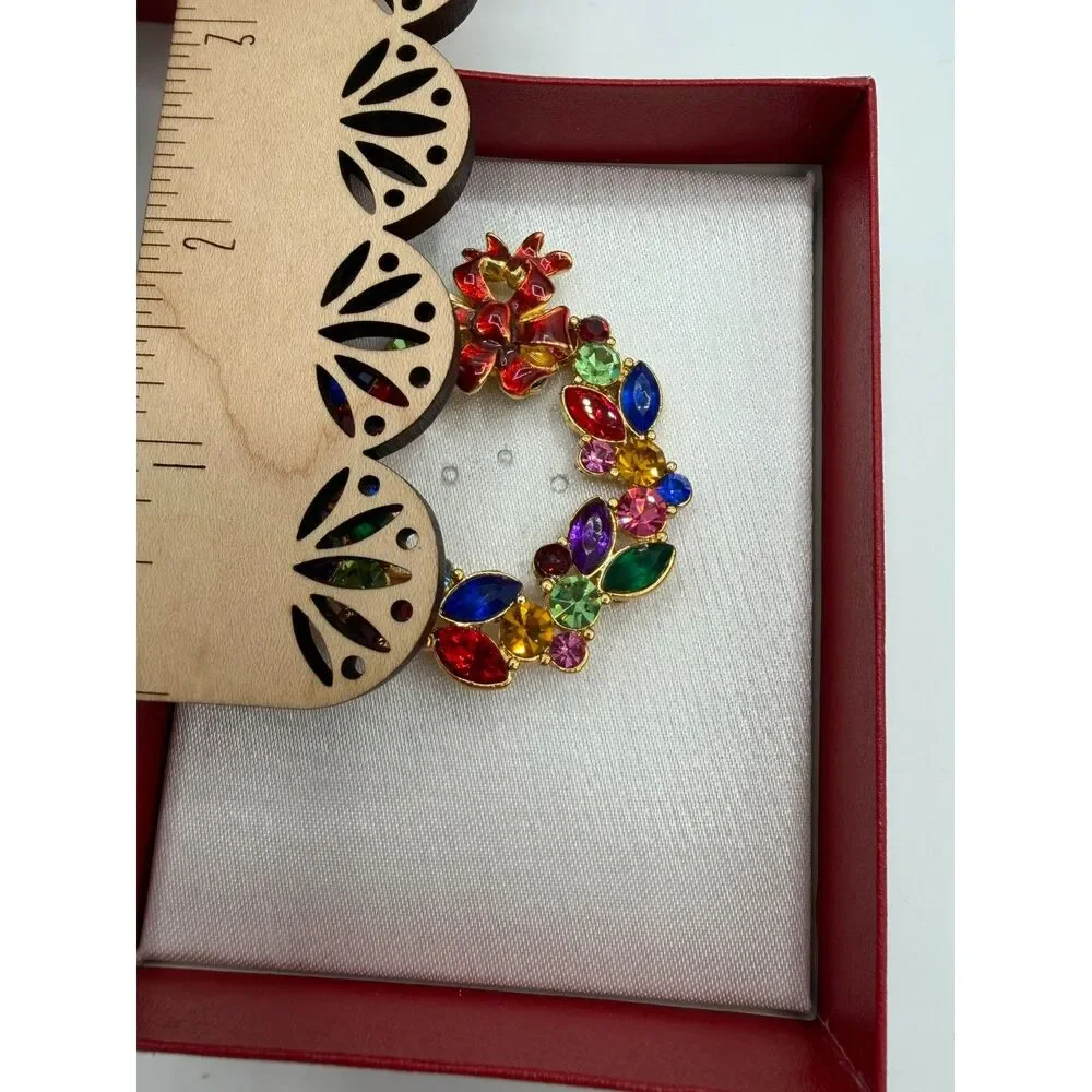 Vintage Christopher Radko Rhinestone Enamel Christmas Wreath Brooch NIB